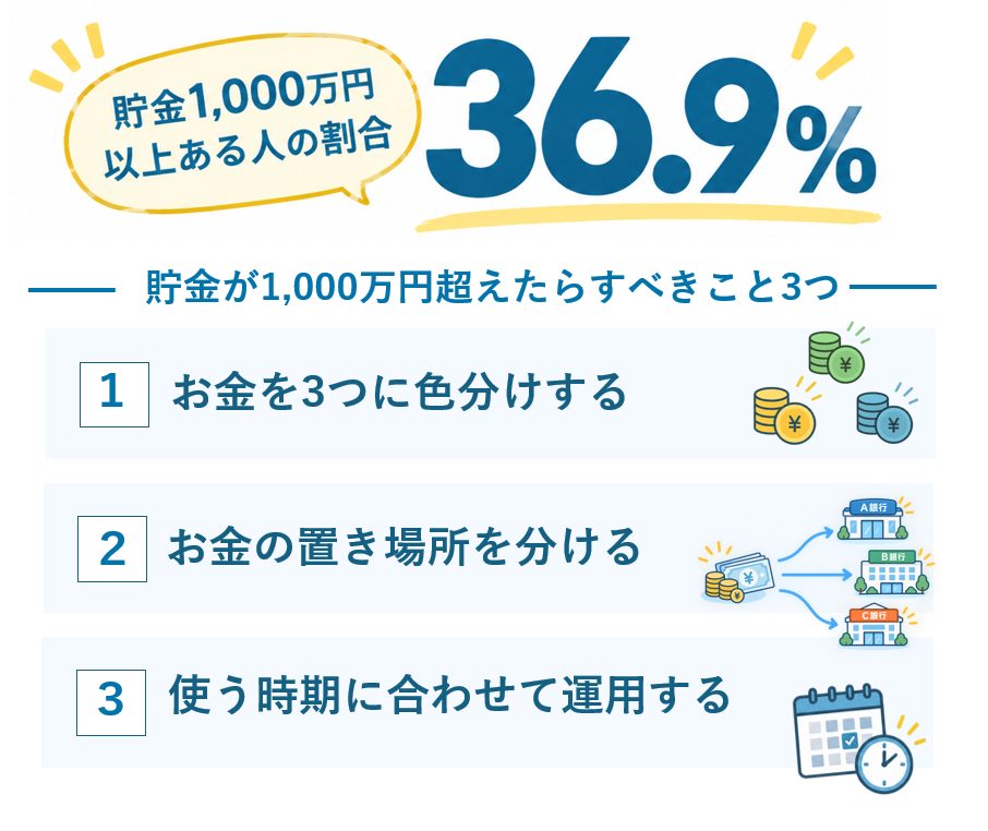 貯金1000万円以上ある人の割合は36.9%。貯金1000万円超えたらやるべきこと3つ。